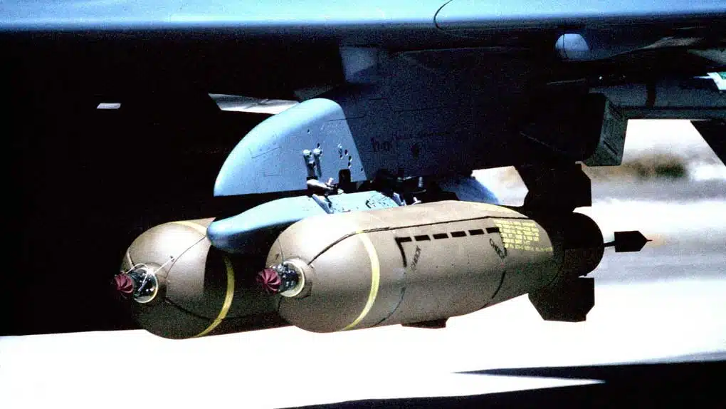 A close-up view of two CBU-58 cluster bombs on an F-4G Wild Weasel Phantom II aircraft from the 37th Tactical Fighter Wing (Public Domain)