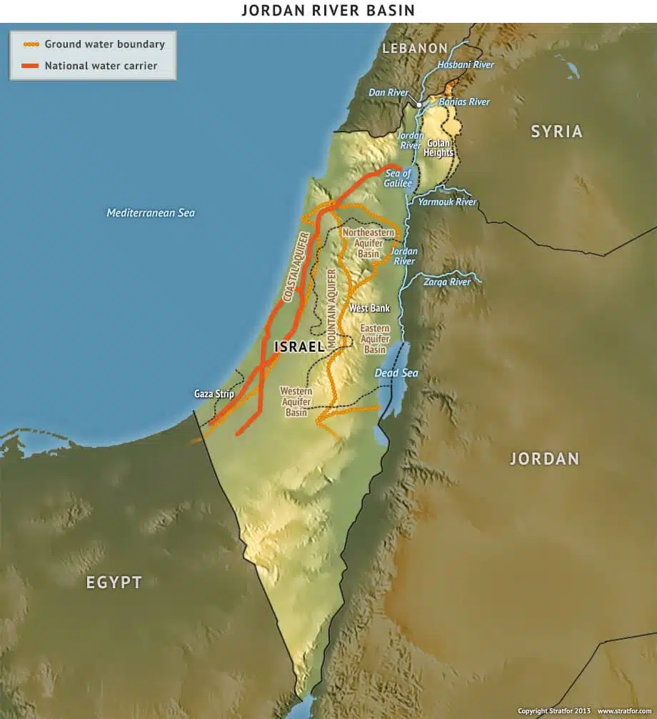 A map of Israel and Palestine showing the Coastal and Mountain aquifers (Stratfor)