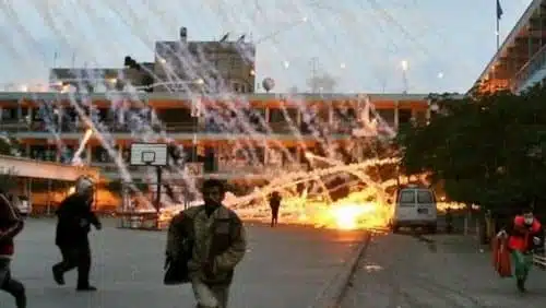 An Israeli attack on a U.N. school in Beit Lahiya with US-provided white phosphorus munitions on January 17, 2009. Such attacks constitute war crimes under international law. (Photo: Muhammad al-Baba)