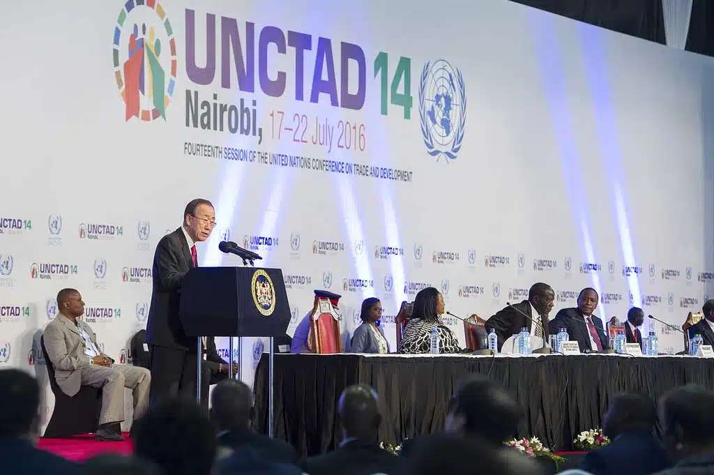 Secretary-General Ban Ki-moon (at podium) makes remarks at the opening of the fourteenth UN Conference on Trade and Development (UNCTAD), taking place in Nairobi, 17-22 July 2016. (UNCTAD/CC BY-SA 2.0)