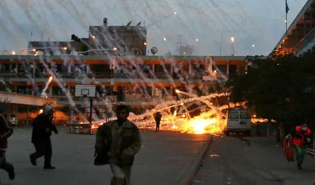 Israel targets a UN-run school in Beit Lahiya with white phosphorous munitions during 'Operation Cast Lead', January 17, 2009 (Iyad El-Baba/UNRWA)