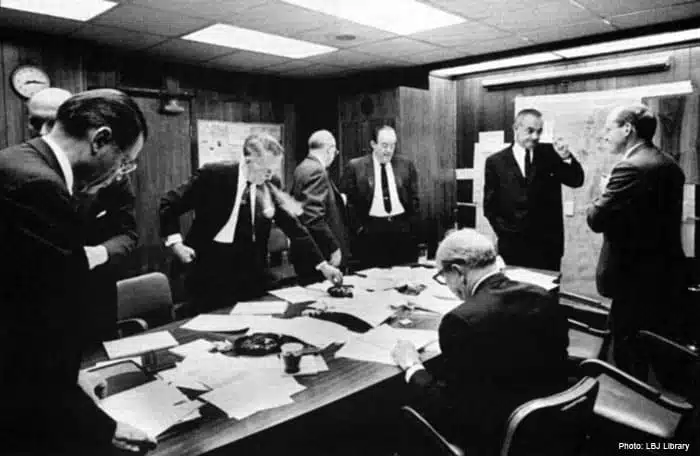 US President Lyndon B. Johnson and his national security team in the White House Situation Room during the Arab-Israeli crisis of 1967. (LBJ Library and Museum)