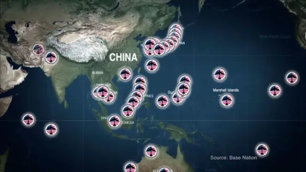 A map from John Pilger's film "The Coming War on China" showing US military bases surrounding China.