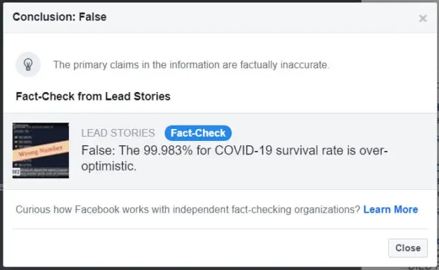 Facebook "Fact Check" article on COVID-19 mortality rate