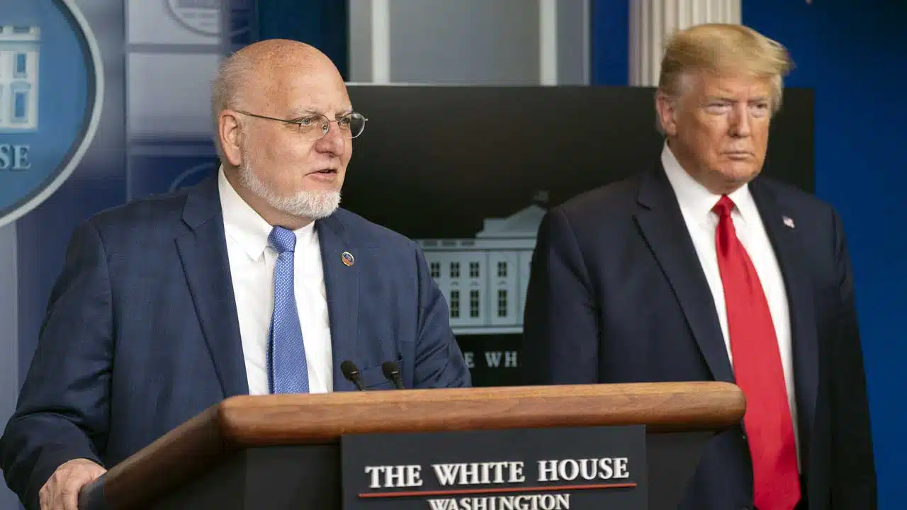 CDC Director Robert Redfield and President Donald Trump at a press briefing in the White House on April 8, 2020 (Photo by The White House)