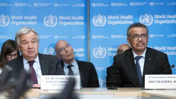 Secretary-General António Guterres with Tedros Adhanom Ghebreyesus Director-General of World Health Organization (WHO) during strategic briefing on COVID-19 at Strategic Health Operations Centre (SHOC) in the WHO headquarters in Geneva, February 24, 2020 (UN/CC BY-NC-ND 2.0)