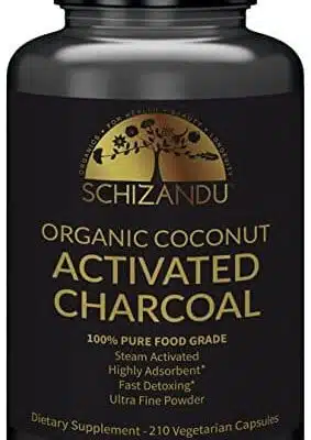 Schizandu Organics Activated Coconut Charcoal Capsules 100 Pure Detox Non GMO 210 Pills Use for Detoxification Teeth Whitening Digestive Health Hangover Prevention 0