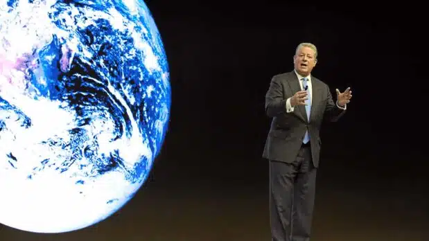 Al Gore giving a talk titled "What's Next? A Climate for Action" at the World Economic Forum (WEF) in Davos, Switzerland, on January 21, 2015. (Photo by WEF, licensued under CC BY-NC-SA 2.0 DEED)